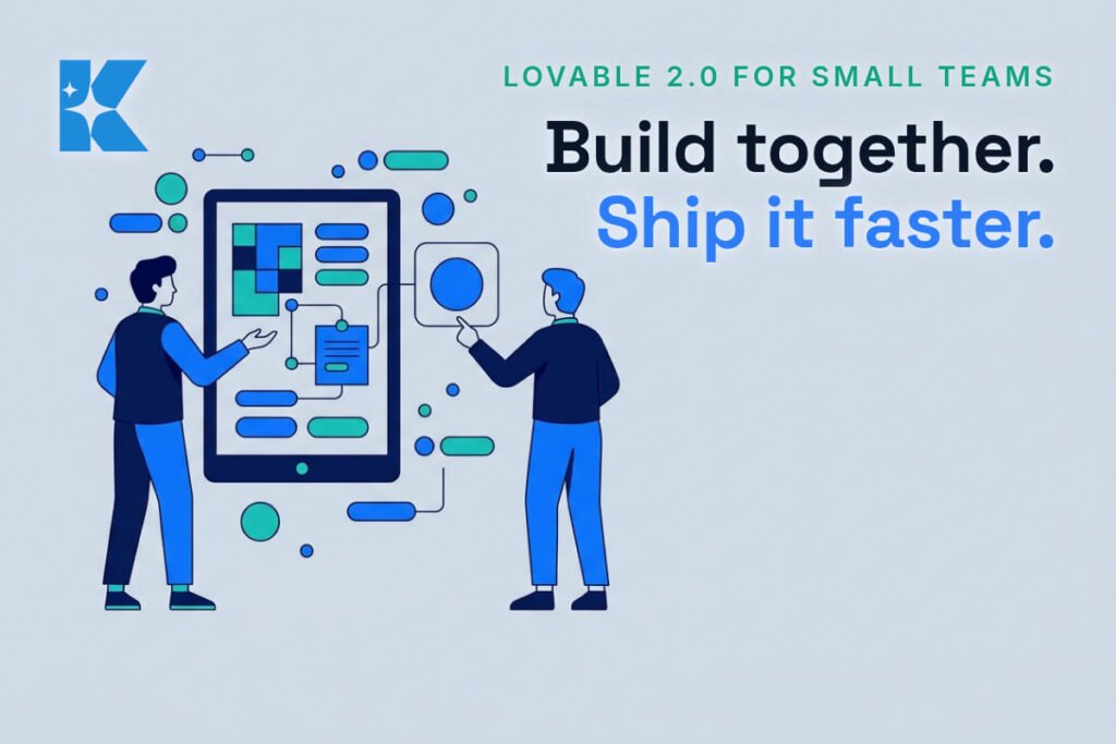 Illustration of two colleagues collaborating in a shared Lovable workspace showing a flowchart-style app builder interface