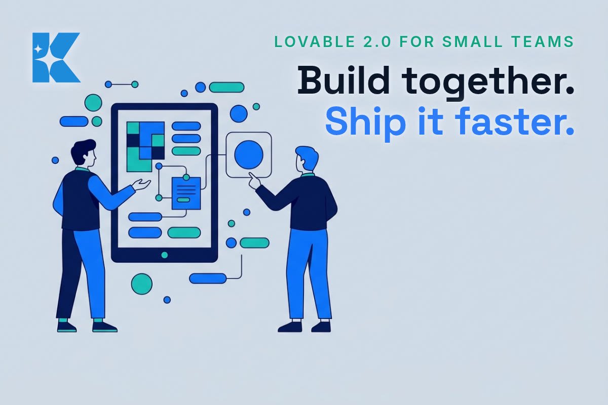 Illustration of two colleagues collaborating in a shared Lovable workspace showing a flowchart-style app builder interface