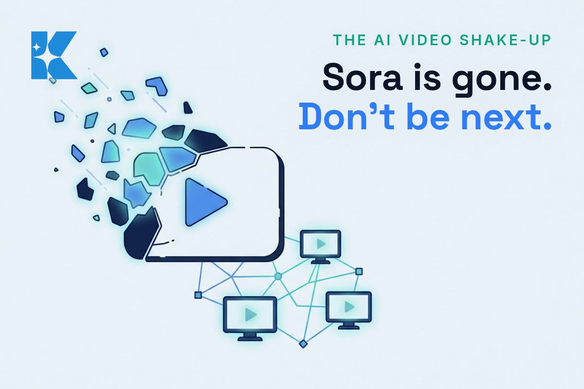 Flat vector illustration of a shattered camera and play-button icon splintering into several smaller connected screen icons, symbolising one AI video tool breaking into many