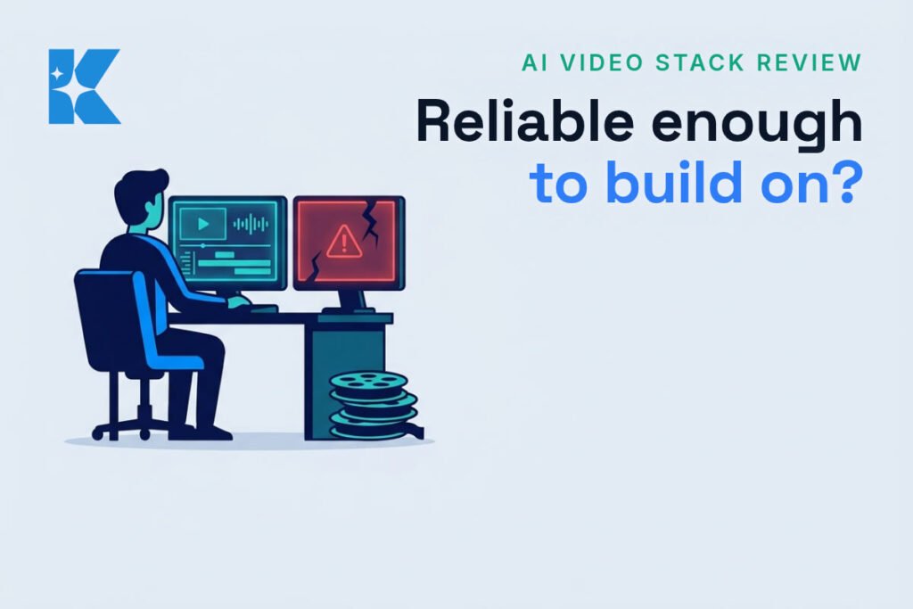 Flat vector illustration of a video editor at a desk with a working monitor and a cracked, warning-lit monitor, symbolising Higgsfield AI video reliability issues
