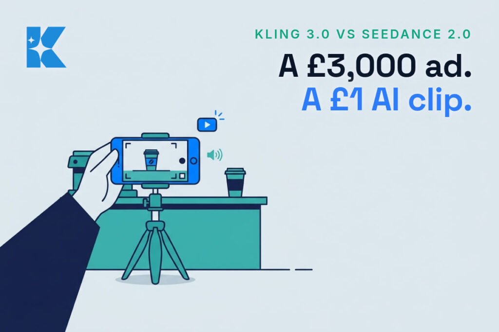 Flat vector illustration of a hand filming a coffee cup with a smartphone on a tripod, representing affordable new AI video generation tools