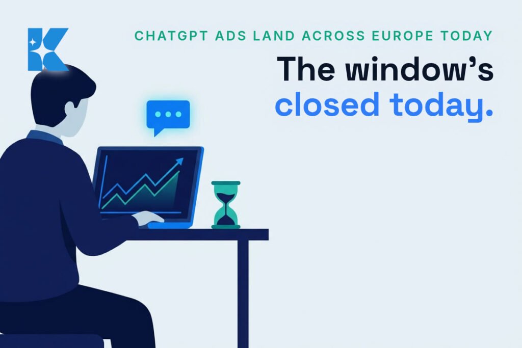 UK small business owner at a laptop showing a rising ad performance graph, with a chat bubble icon and an hourglass on the desk