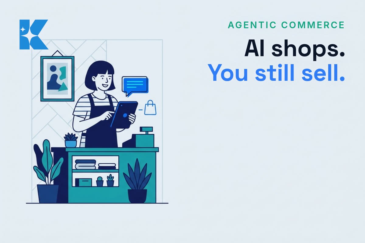 Flat vector illustration of a UK shop owner using a tablet showing an AI chat bubble and shopping bag icon, next to the headline AI shops, you still sell