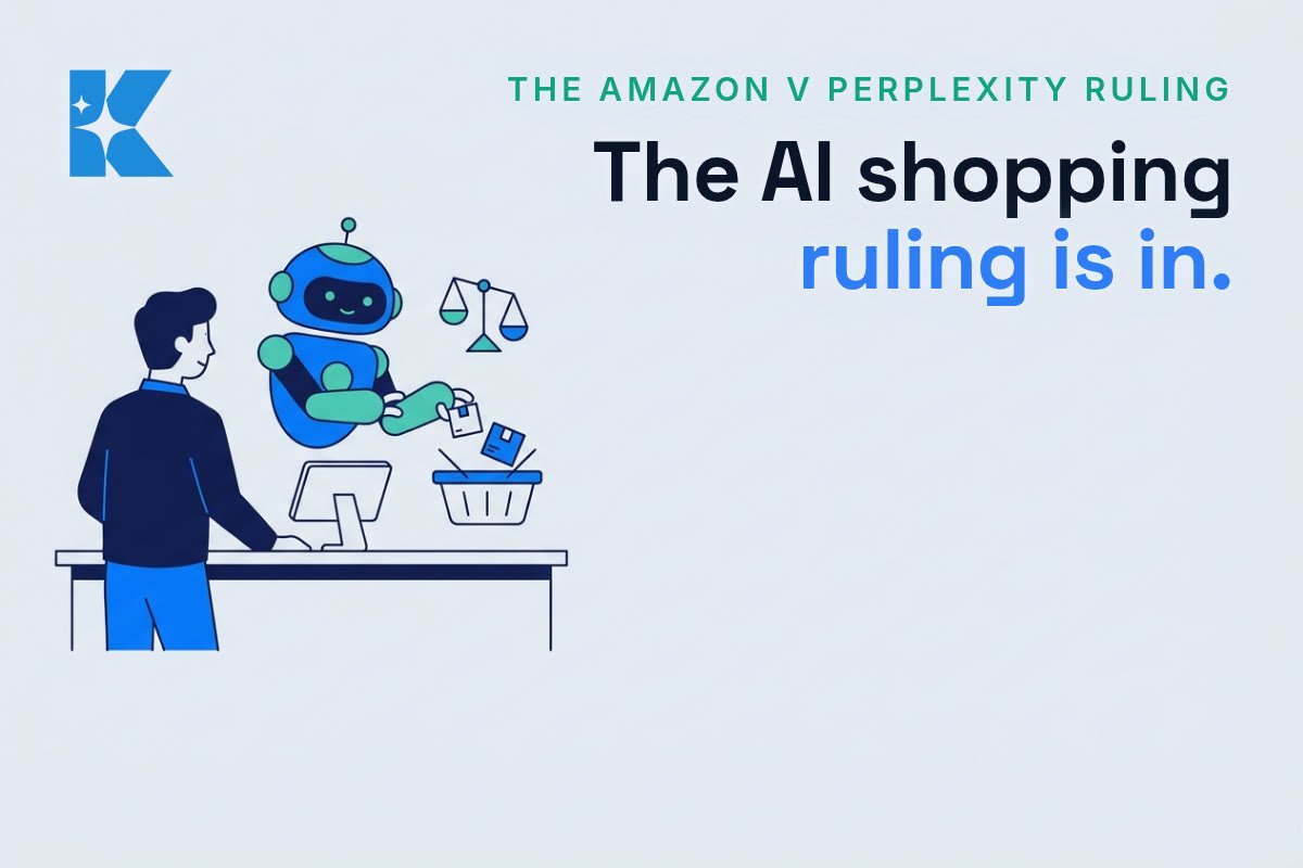 A small business owner watching a friendly AI robot assistant place items into a shopping basket, with a set of scales of justice floating nearby representing the court ruling