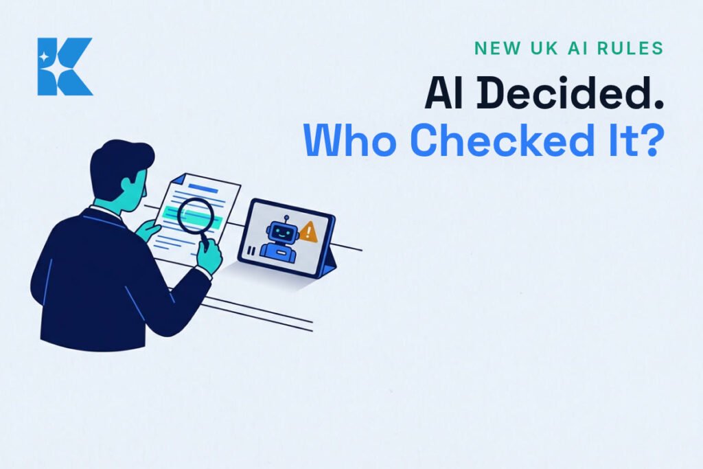 A UK small business owner reviewing an AI decision with a magnifying glass, symbolising human oversight of automated decisions