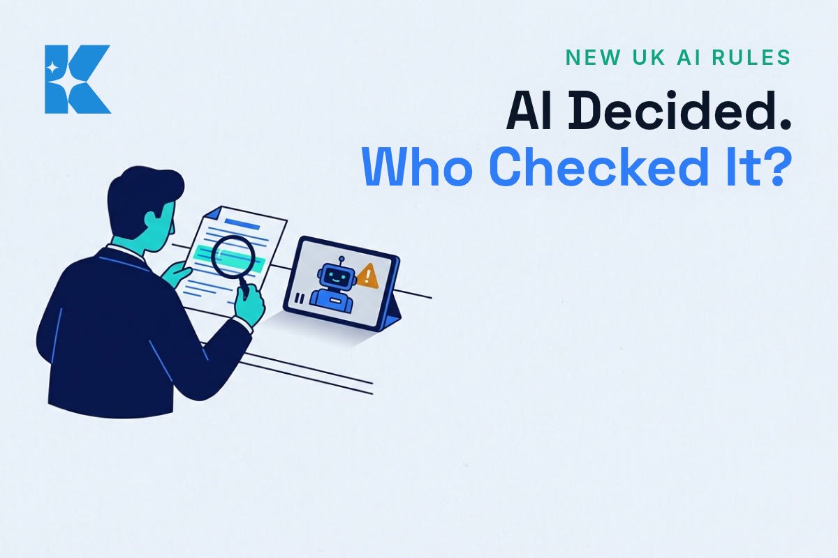 A UK small business owner reviewing an AI decision with a magnifying glass, symbolising human oversight of automated decisions