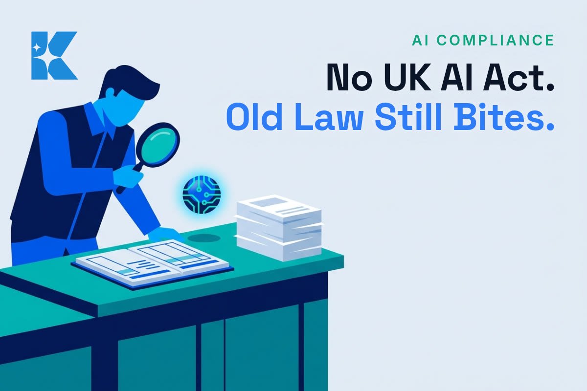 UK small business owner examining an open ledger with a magnifying glass beside a glowing AI icon, illustrating that existing law already covers AI use