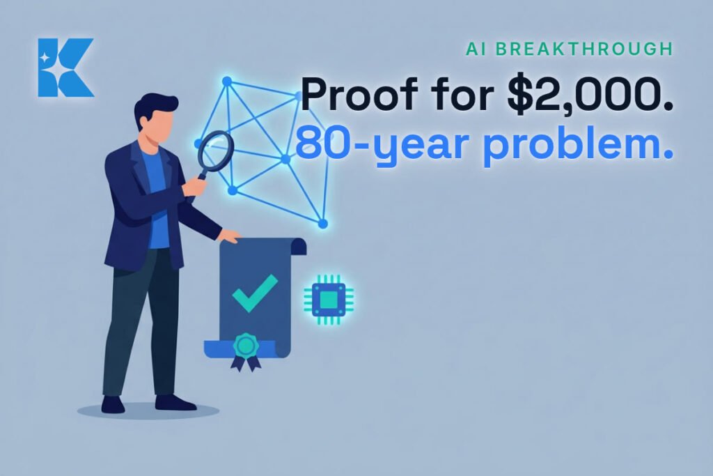 Person examining a verified proof certificate beside a glowing AI network diagram and microchip icon