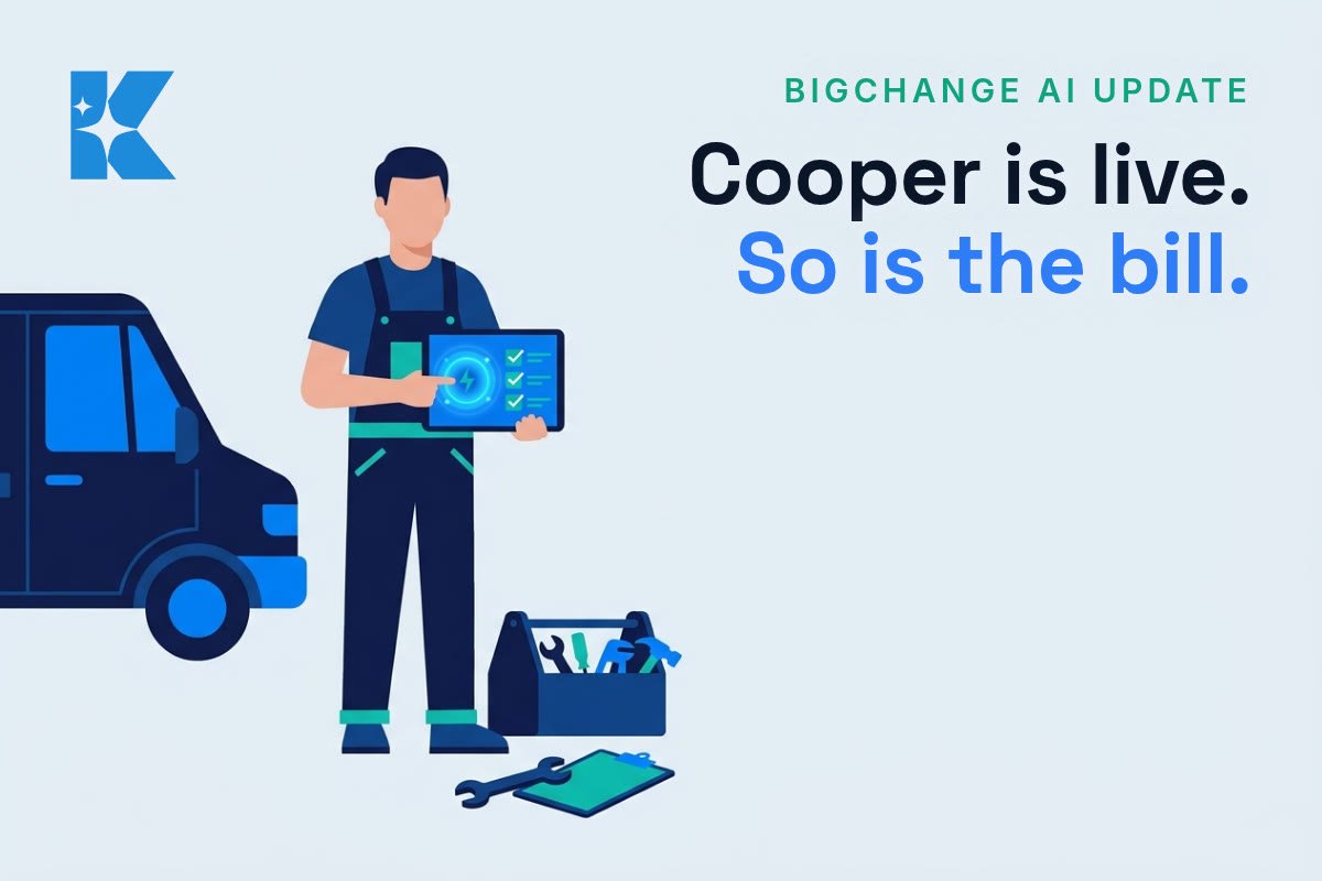 UK trades engineer holding a tablet showing the Cooper AI assistant beside a work van and toolbox
