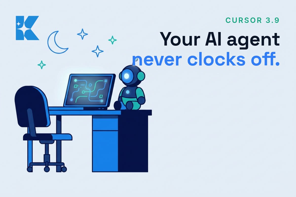 Flat vector illustration of a small AI robot working alone at a desk at night beside a glowing laptop, representing an always-on AI agent