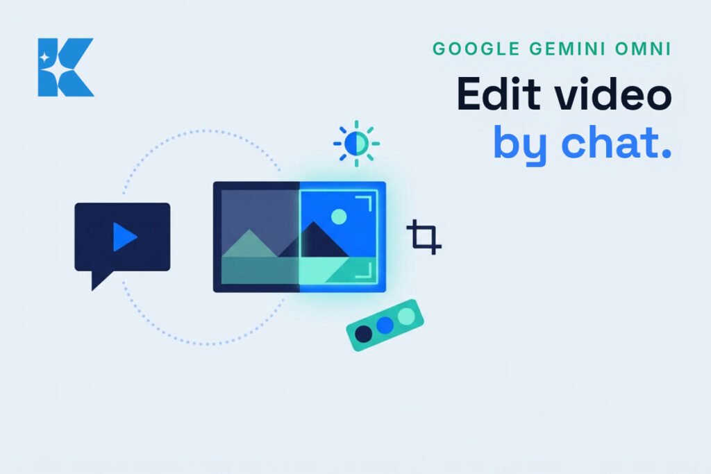 Flat vector illustration of conversational AI video editing with a chat bubble and split before/after video frame