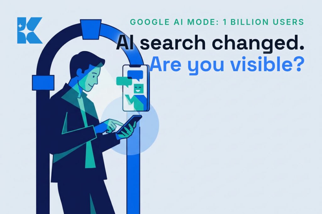 A UK small business owner checking a glowing AI chat interface on their phone, illustrating Google AI Mode's rise to 1 billion users