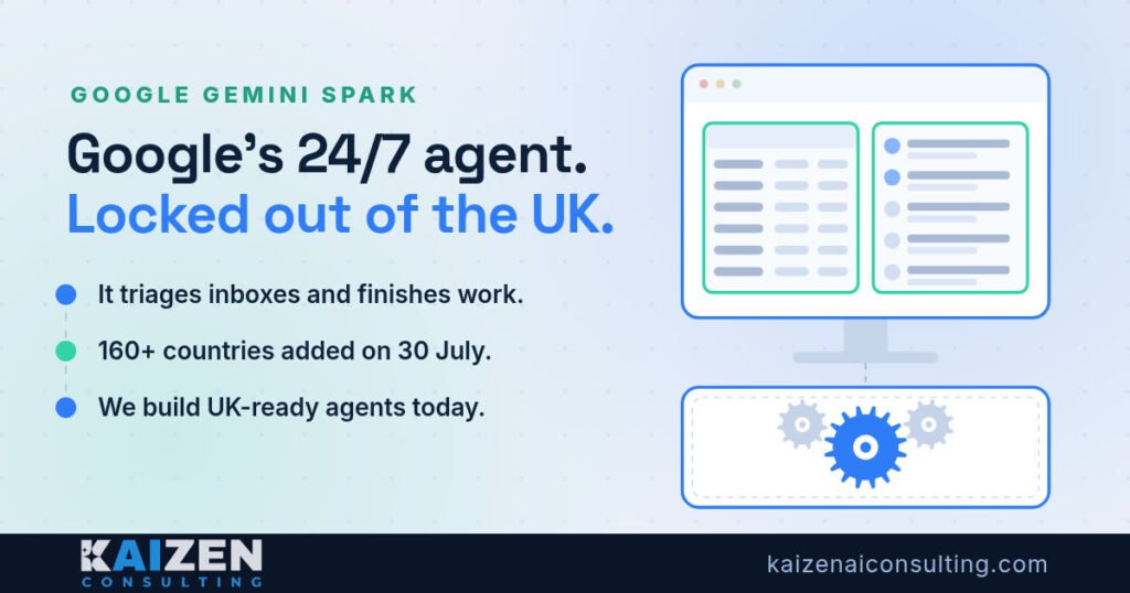 Infographic: Google's 24/7 AI agent Gemini Spark is locked out of the UK, added to 160+ countries on 30 July
