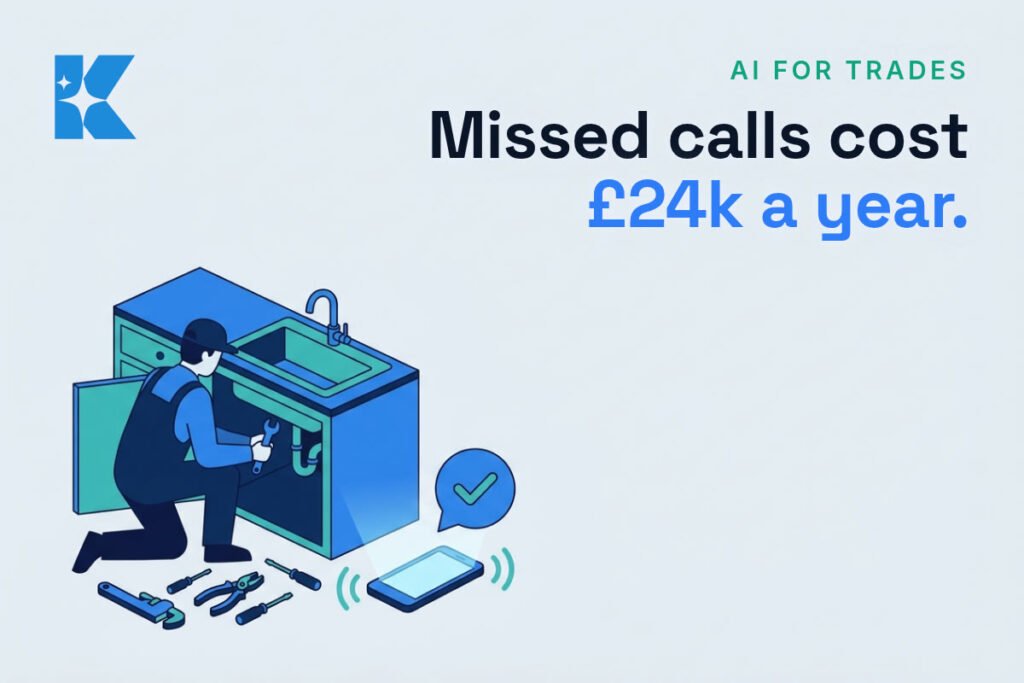 UK plumber working under a kitchen sink while a smartphone nearby shows an AI phone agent answering an incoming call