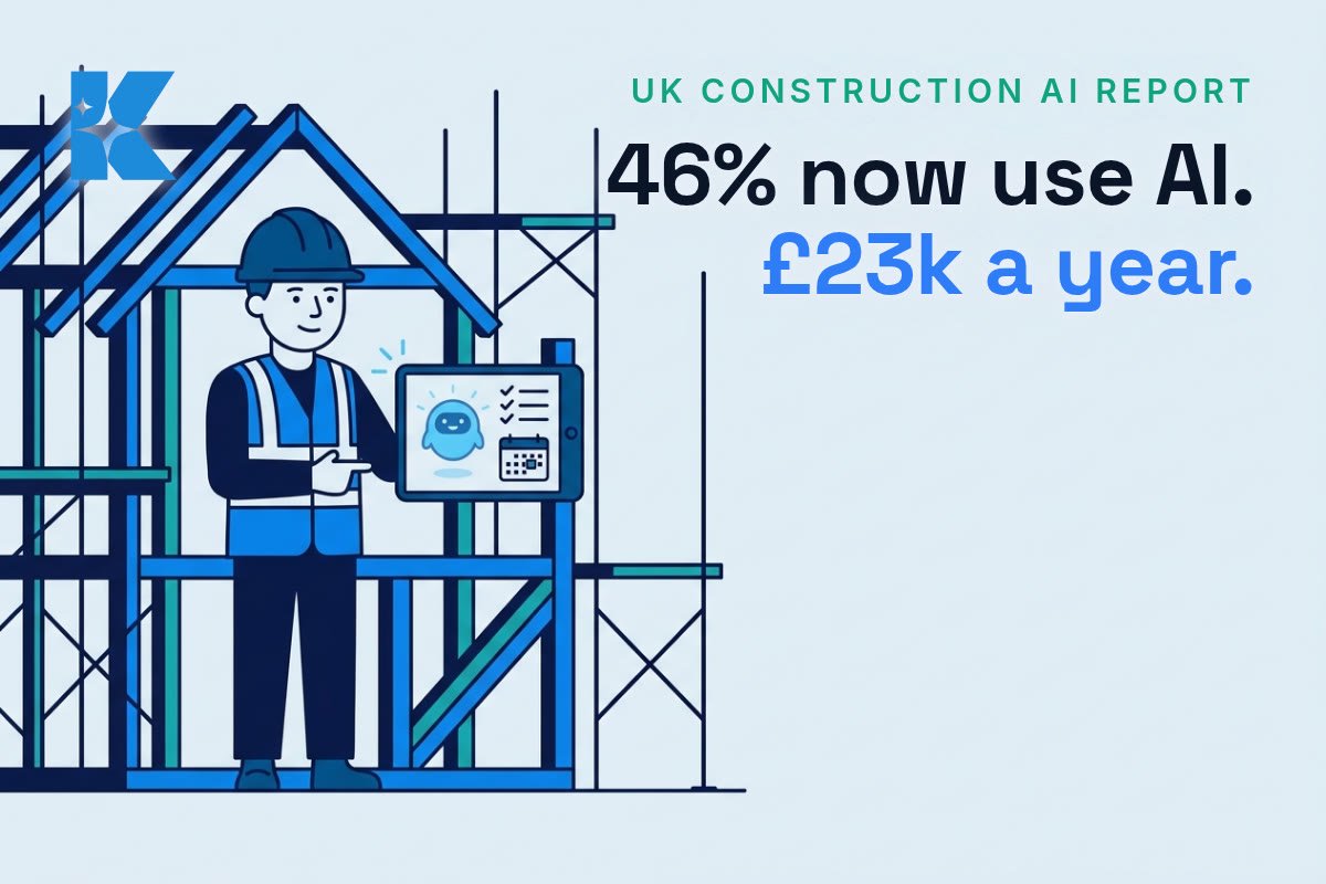 UK construction worker on site checking an AI assistant on a tablet, illustrating 46% of UK construction professionals now using AI
