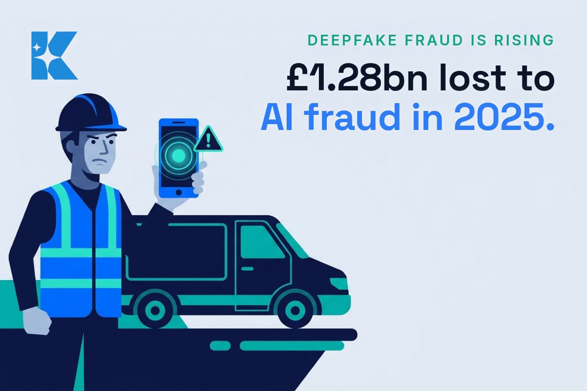 UK tradesperson looking warily at a smartphone showing a suspicious incoming call, illustrating AI deepfake fraud risk