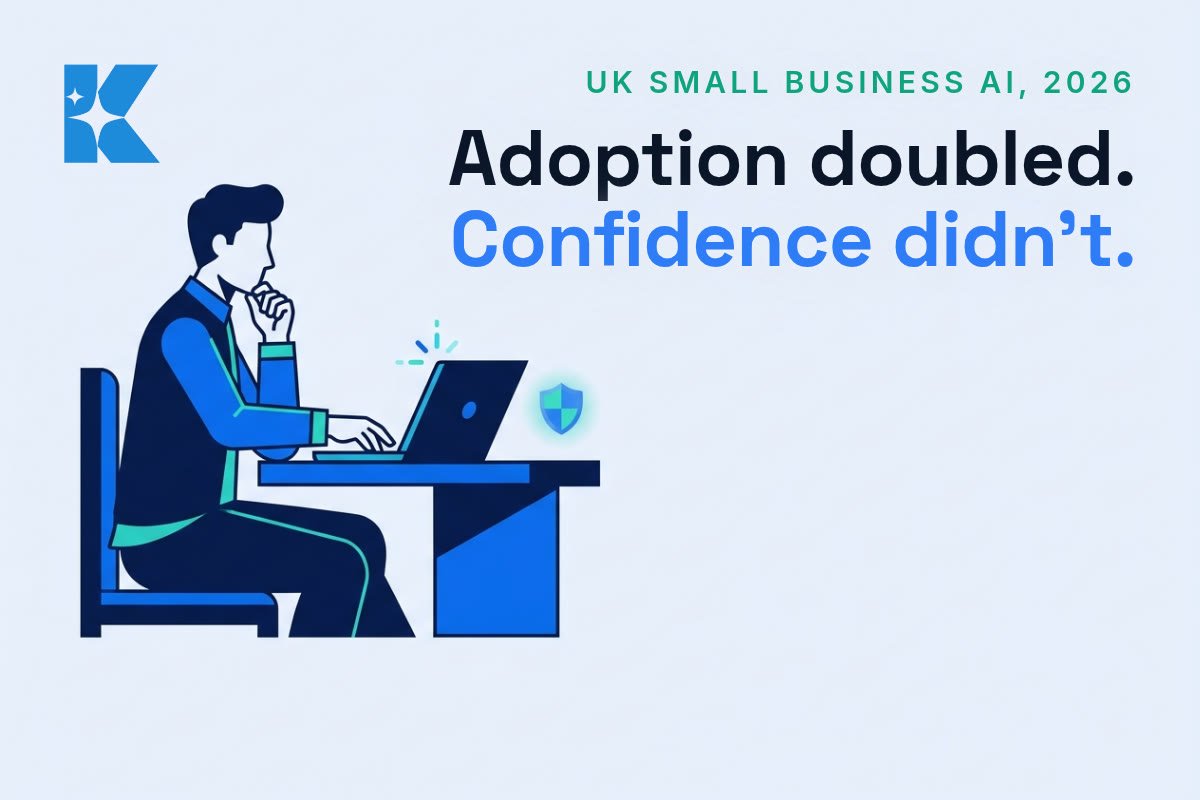 Illustration of a UK small business owner thoughtfully using a laptop with an AI icon and a security shield icon beside it