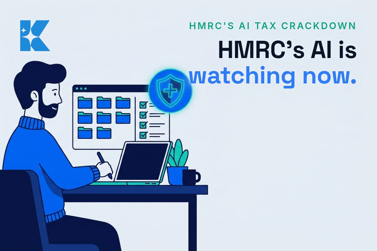 UK small business owner organising digital records and folders on a laptop, with a glowing shield icon, illustrating AI-assisted bookkeeping ahead of HMRC's AI-powered tax compliance checks