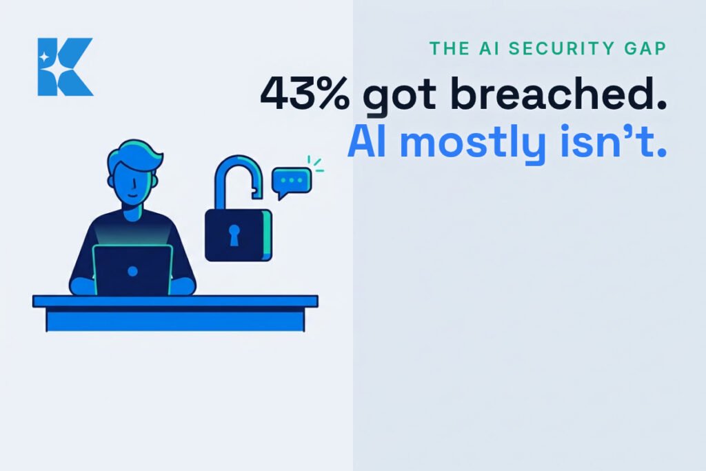 A UK small business owner at a desk beside an unlocked padlock and an AI chat icon, representing the gap between AI adoption and AI security