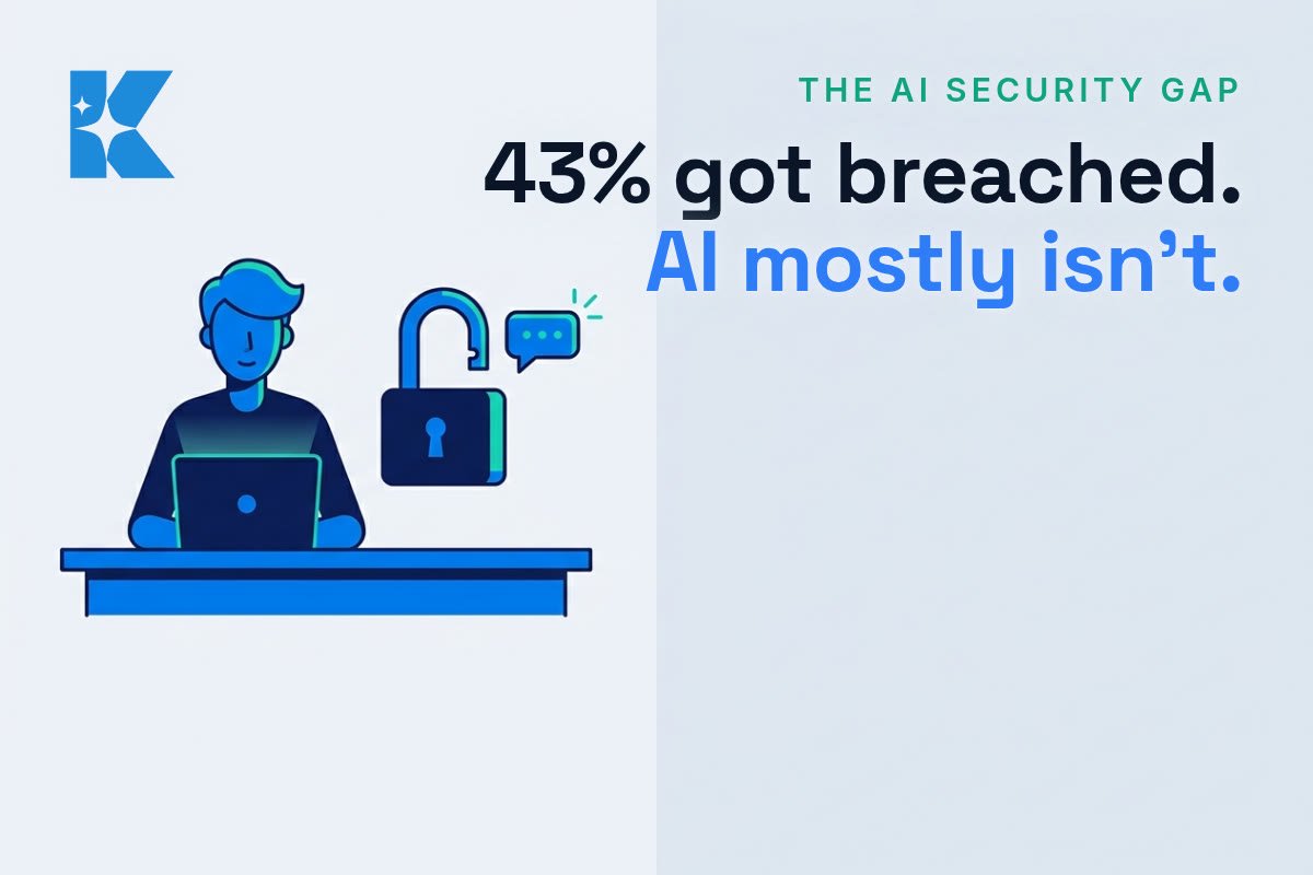A UK small business owner at a desk beside an unlocked padlock and an AI chat icon, representing the gap between AI adoption and AI security