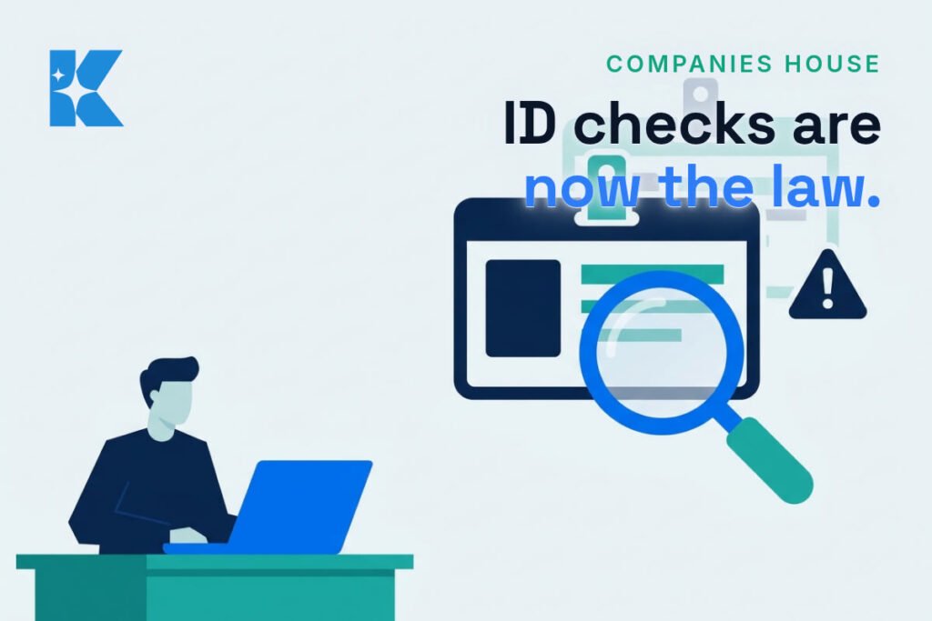 UK small business owner at a laptop beside a large ID card icon under a magnifying glass with a warning triangle, illustrating Companies House identity verification and AI-driven document fraud