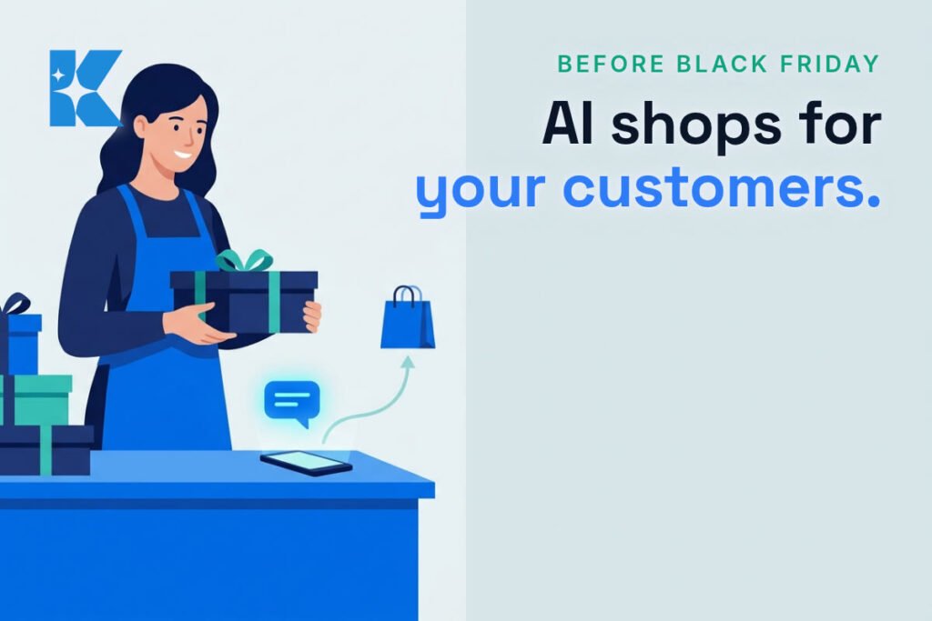 A UK small business owner holding a wrapped gift box beside a phone showing an AI shopping assistant chat icon, illustrating AI shopping assistants ahead of Black Friday
