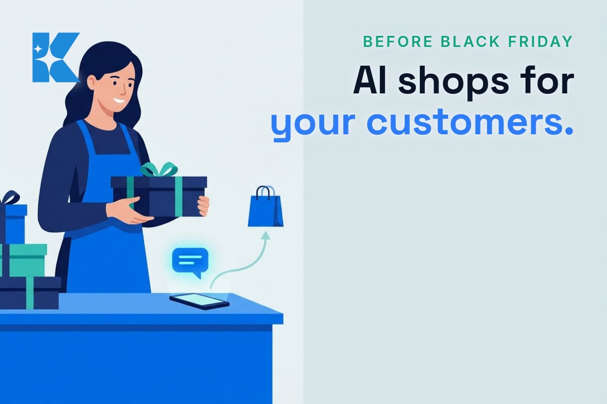A UK small business owner holding a wrapped gift box beside a phone showing an AI shopping assistant chat icon, illustrating AI shopping assistants ahead of Black Friday