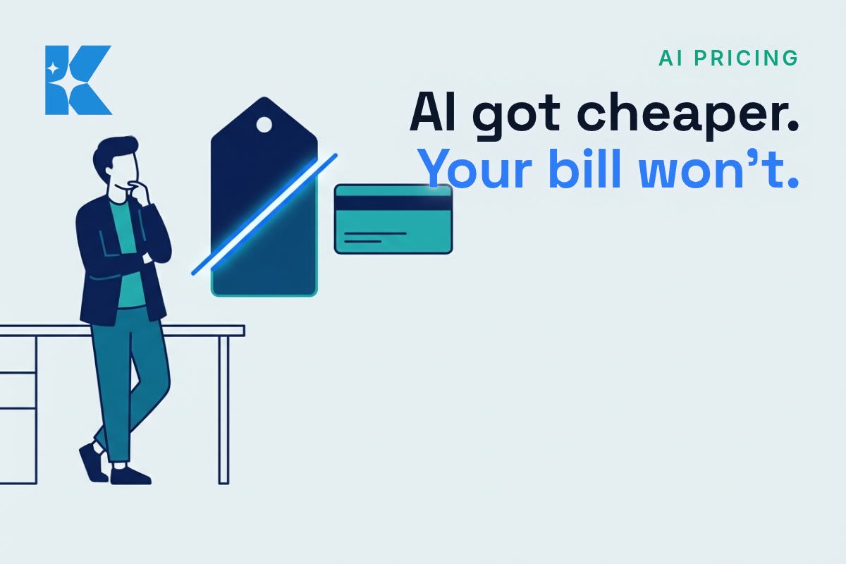 Illustration of a small business owner looking at a large price tag cut in half beside an unchanged invoice card, representing AI price cuts versus flat software subscriptions
