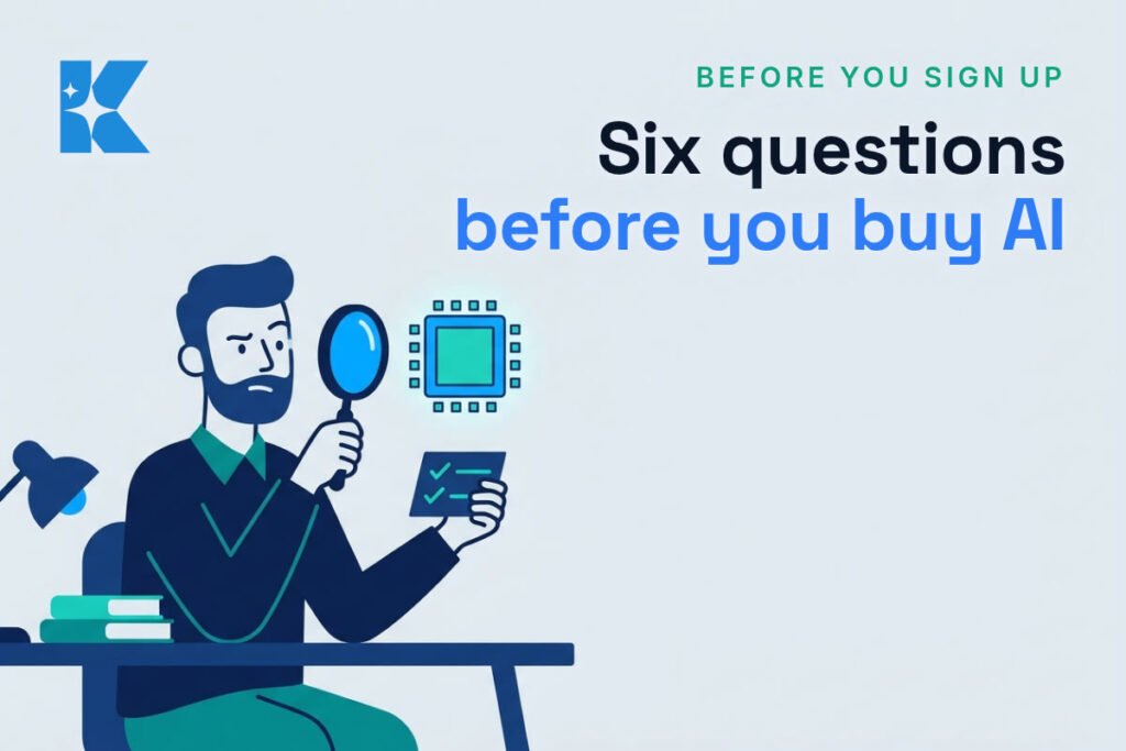 A UK small business owner examining a glowing microchip icon through a magnifying glass, holding a checklist