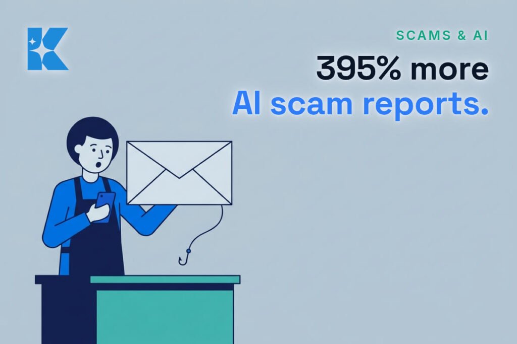 Flat illustration of a market trader holding a phone next to a floating email envelope with a fishing hook hanging from it, headline 395% more AI scam reports