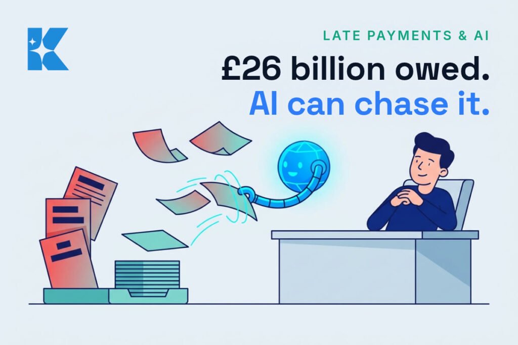 Illustration of a small business owner watching an AI assistant sort a stack of overdue invoices into a neat, paid pile