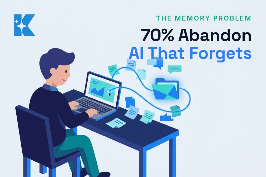 Illustration of a small business owner at a laptop, with scattered notes being pulled together into one glowing folder, representing AI memory setup