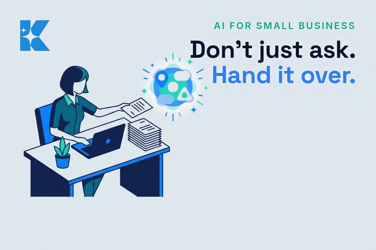 Illustration of a small business owner handing a task over to an AI assistant