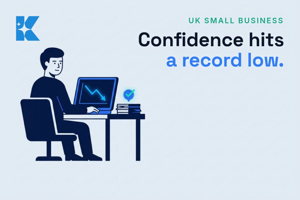 Illustration of a UK small business owner reviewing a declining chart while a task is automatically checked off