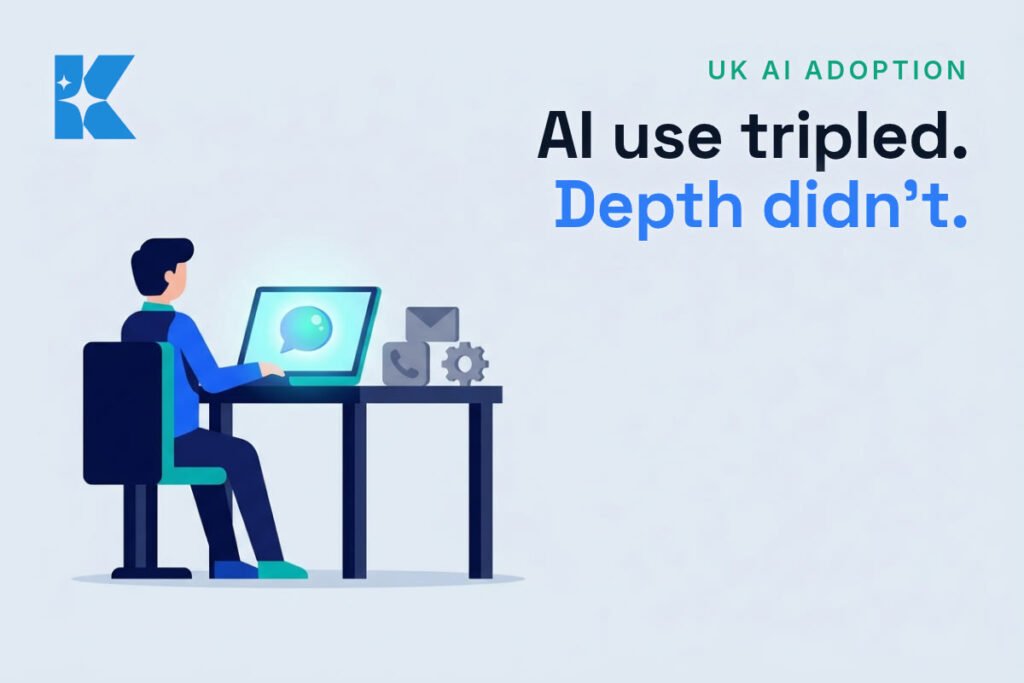 UK small business owner using one AI chat tool while other office tools sit unused on the desk