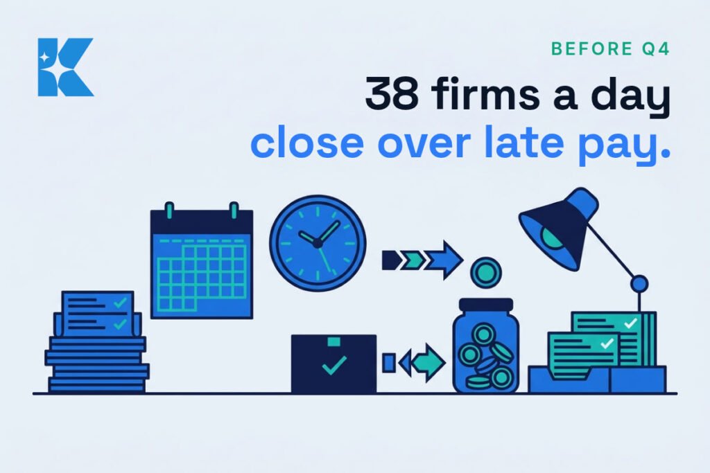 Flat vector illustration of a calendar, clock, coin jar and stacks of paid invoices, with the headline 38 firms a day close over late pay