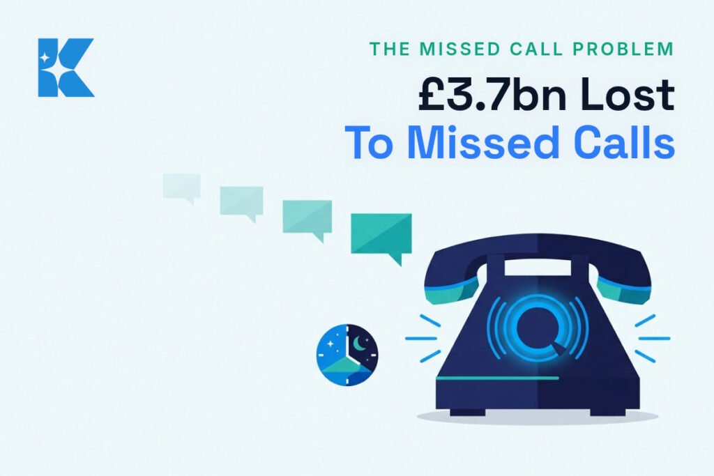 Flat vector illustration of a ringing desk telephone with speech bubbles fading away, headline reading £3.7bn Lost To Missed Calls