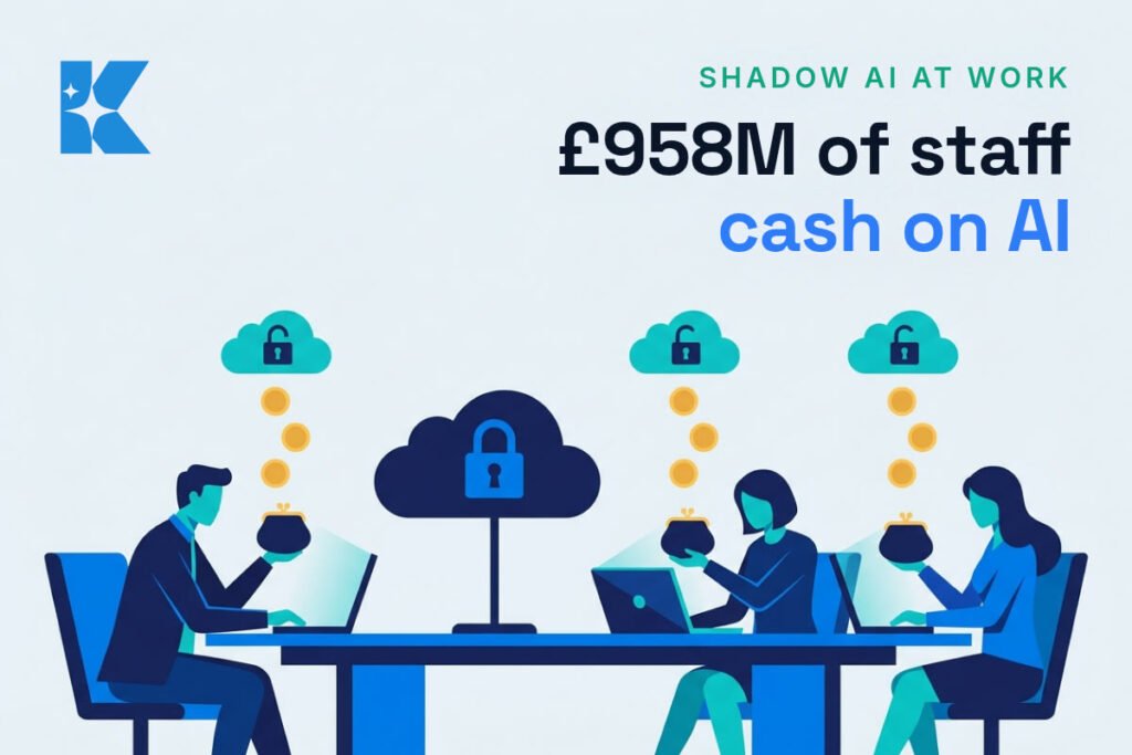 Illustration of office workers paying for AI tools from their own coin purses into separate open clouds, with one locked company cloud in the middle