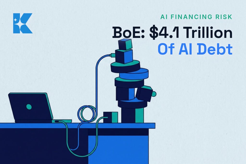 Illustration of a shop owner's laptop plugged into a wobbling tower of blocks and coins, with a spare cable to a separate sturdy block, under the headline BoE: $4.1 Trillion of AI Debt