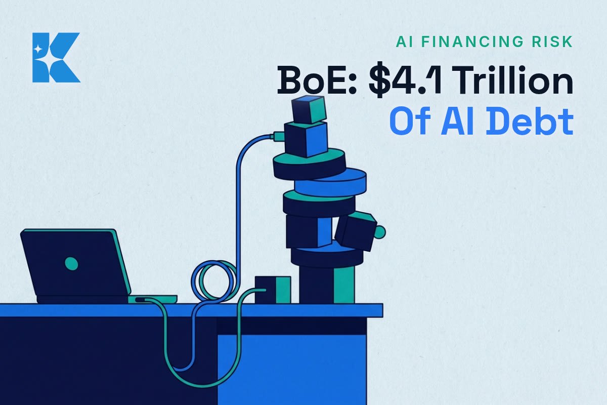 Illustration of a shop owner's laptop plugged into a wobbling tower of blocks and coins, with a spare cable to a separate sturdy block, under the headline BoE: $4.1 Trillion of AI Debt