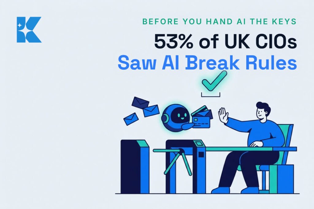 Illustration of a business owner holding up a hand to pause a small AI robot carrying envelopes and a payment card at a checkpoint gate